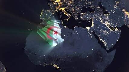 Realistic Digital Earth Night Orbit and Zoom Shining Country Flag Embedded in Borders Algeria