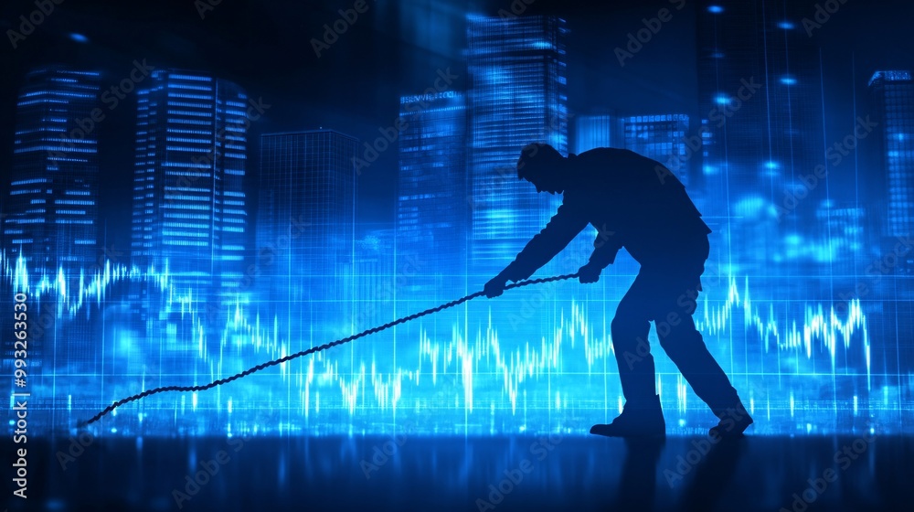 Leinwandbilder A digital art vector of a team of cartoon characters pulling on the rising end of a financial graph showing their teamwork in boosting the economy Large space for text in center Stock Photo with copy