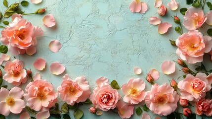 closeup of blooming pink roses and petals arranged on a white table creating a delicate floral frame composition empty space invites personalization for designs and layouts