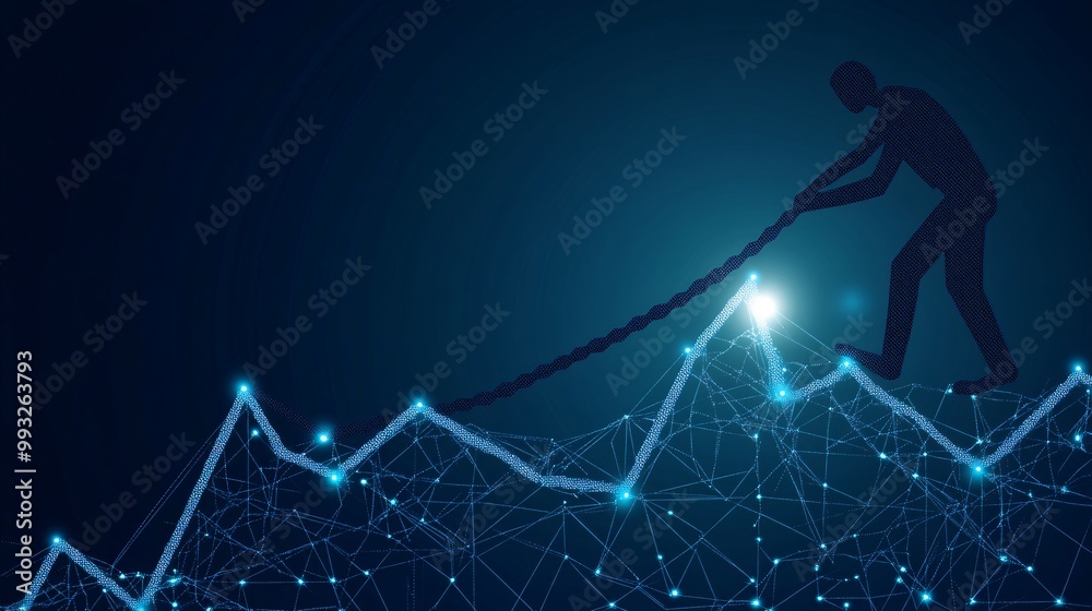 Poster A digital art vector of a team of cartoon characters pulling on the rising end of a financial graph showing their teamwork in boosting the economy Large space for text in center Stock Photo with copy