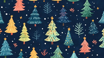 Fototapeta premium Christmas Tree Surrounded by Cute Kawaii Cartoon Characters, Colorful Monster Pattern Design
