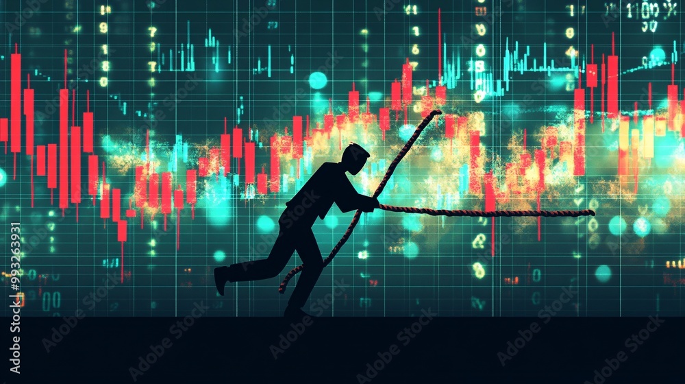 Aufkleber A digital art vector of a team of cartoon characters pulling on the rising end of a financial graph showing their teamwork in boosting the economy Large space for text in center Stock Photo with copy