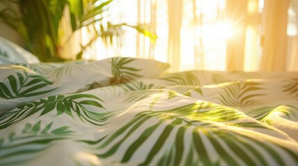 Obraz premium Early morning sunlight rays streaming through a window with white curtains, casting gentle light on the bedsheets and duvet cover.