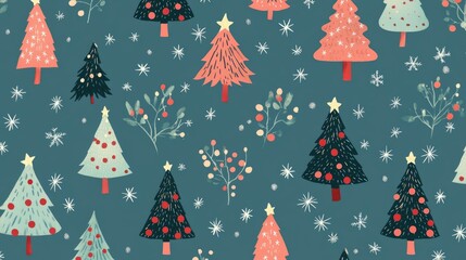 Christmas Tree Surrounded by Cute Kawaii Cartoon Characters, Colorful Monster Pattern Design