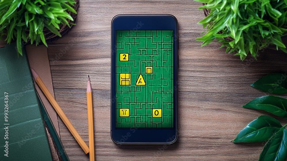 Aufkleber A flat lay image of a mobile phone on a table displaying a word puzzle game with green and yellow tiles indicating guesses Large space for text in center Stock Photo with copy space