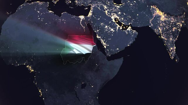 Realistic Digital Earth Night Orbit and Zoom Shining Country Flag Embedded in Borders Sudan