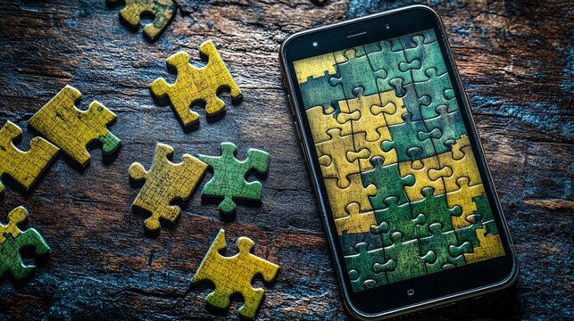 A flat lay image of a mobile phone on a table displaying a word puzzle game with green and yellow tiles indicating guesses Large space for text in center Stock Photo with copy space