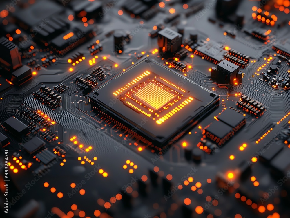 Poster close-up of a glowing orange cpu chip on a black circuit board with multiple components.