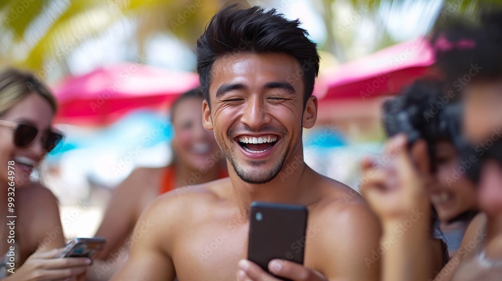 Poster A group of friends sitting together laughing while playing a word puzzle game on their phones sharing their guesses Large space for text in center Stock Photo with copy space