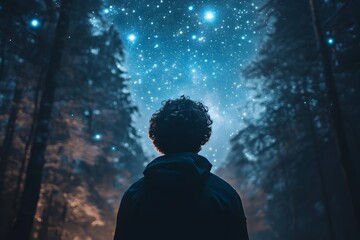 Silhouetted Figure Gazing at the Starry Night Sky in a Tranquil Forest Landscape