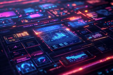 Close-up of a futuristic digital interface with glowing neon lines and data visualizations.