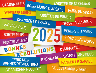Carte de v&oelig;ux 2025 pr&eacute;sentant une liste de bonnes r&eacute;solutions &eacute;crite sur des &eacute;tiquettes de couleurs.