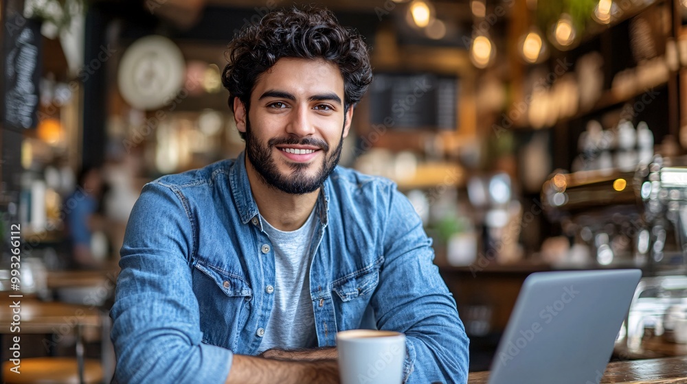 Poster a man sitting at a cafe with a cup of coffee playing a word puzzle game on his laptop taking a break