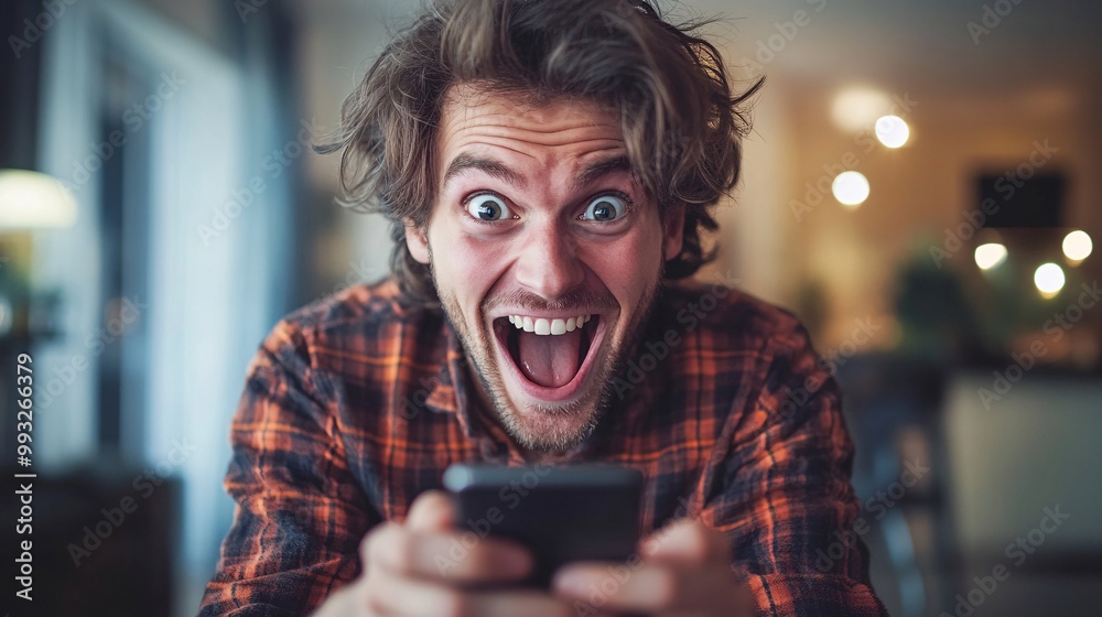 Aufkleber A player reacting with excitement as they guess the final word correctly in a word puzzle game on their phone screen glowing Large space for text in center Stock Photo with copy space
