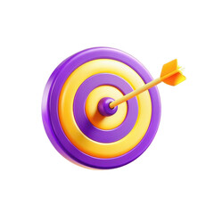 A vibrant 3D dartboard featuring concentric circles in purple and yellow, with an arrow embedded in the center, emphasizing precision and focus.