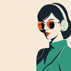 vector converted image of a lady wearing sun glasses and headphone in retro look.
