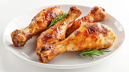 Three roasted chicken legs on a white plate