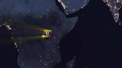 Realistic Digital Earth Night Orbit and Zoom Shining Country Flag Embedded in Borders Uganda