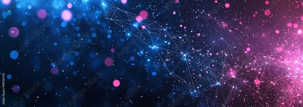 Poster three-dimensional structure of connected lines and dots. a wire frame polygonal element on a dark ba