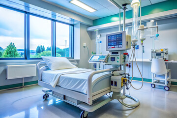 A medical ventilator machine in a quiet hospital ICU room with an empty bed.
