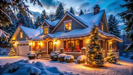 Fototapeta premium Festive Christmas Lights Adorning a Charming Ranch-Style Home in a Cozy Winter Setting