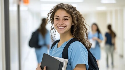 A Young Female Nursing Student Smiling in Blue Scrubs at Hospital Entrance