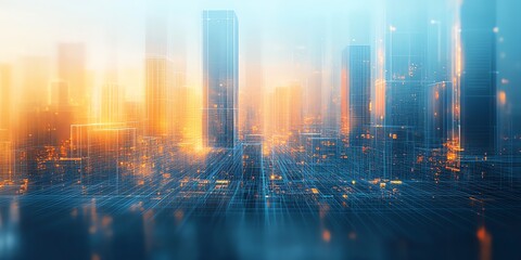 Fototapeta premium Futuristic cityscape with glowing lines and blurred buildings, representing innovation, technology, and urban development.