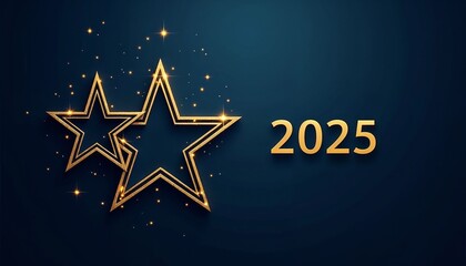 blue christmas background with golden stars and text 2025