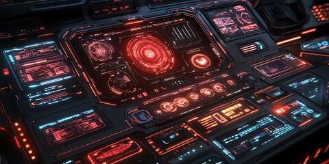 Futuristic control panel with glowing red and blue lights.