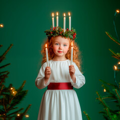A red-haired girl dressed as Saint Lucia, with a green wreath on her head, in a white dress with a red belt and holding candles in her hands. Green pastel background. Hyper-realistic photo.