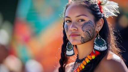 Maori Pride: New Zealander Woman Celebrating Waitangi Day with Traditional Tattoo on Sunny Day