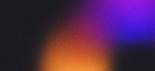 Grainy noise texture background, blue red orange abstract vibrant glowing color gradient shape on black backdrop, dark banner poster header cover wallpaper design