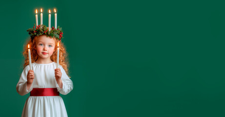 A red-haired girl dressed as Saint Lucia, with a green wreath on her head, in a white dress with a red belt and holding candles in her hands. Green pastel background. Hyper-realistic photo.