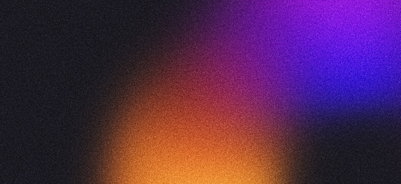 Grainy noise texture background, blue red orange abstract vibrant glowing color gradient shape on black backdrop, dark banner poster header cover wallpaper design