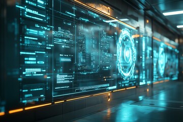 Futuristic corridor with holographic screens displaying data and information.