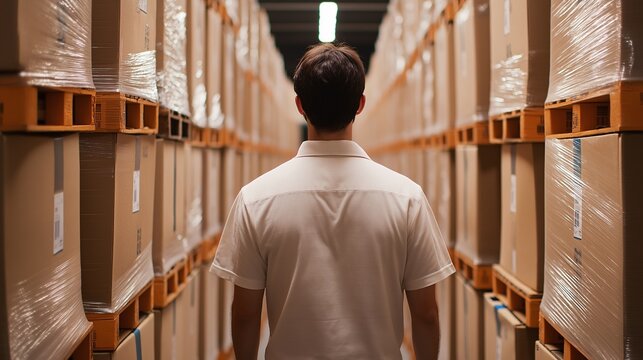 Man in Warehouse Surrounded by Storage Boxes