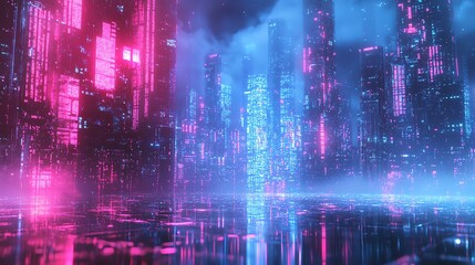 Fototapeta premium Futuristic cyberpunk city skyline with neon lights reflecting on a wet surface.