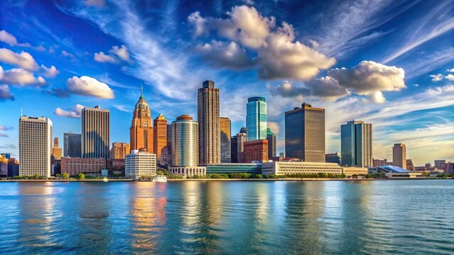 Panorama of the Detroit Michigan Skyline Tilted Angle, buildings, skyline, architecture,Detroit, skyline view, tilted angle, Michigan landmarks, bridge, cityscape, downtown, Michigan