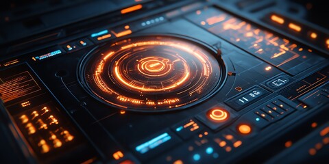 Obraz premium Futuristic interface with glowing orange circle and buttons.