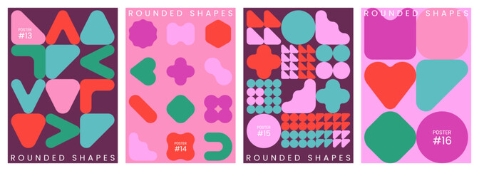 Abstract trendy geometric backgrounds. Geometric patterns with rounded shapes and symbols. Modern graphic design for banner, poster, cover, print, card or packaging. Flat vector illustration.