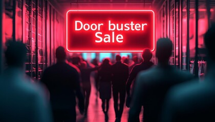 Naklejka premium Crowd of people shopping under a neon 'Door Buster Sale' sign.