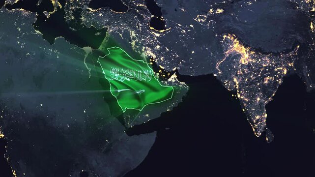 Realistic Digital Earth Night Orbit and Zoom Shining Country Flag Embedded in Borders Saudi Arabia