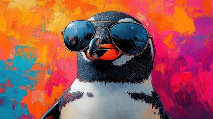 cool penguin wearing aviator sunglasses against a playful bright background filled with abstract shapes and colors exuding a fun and carefree vibe perfect for a whimsical illustration