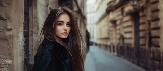 Naklejka premium Woman walks along outdoor shopping street,looking at camera,street fashion concept,copy space.
