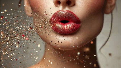 Close-up of woman blowing glitter with red glittery lips in a festive setting
