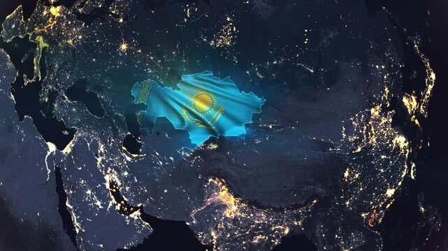Realistic Digital Earth Night Orbit and Zoom Shining Country Flag Embedded in Borders Kazakhstan