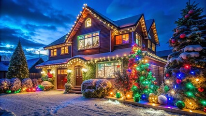 Fototapeta premium Festive House Decorated with Colorful Christmas Lights Illuminating the Winter Night Sky