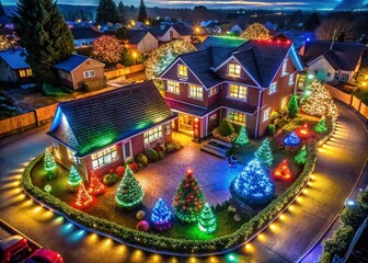 Fototapeta premium Festive House Adorned with Colorful Christmas Lights Creating a Magical Holiday Atmosphere