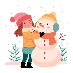 A cute girl in winter clothes is sculpting a snowman.Cute happy girl hugging Xmas snowman.