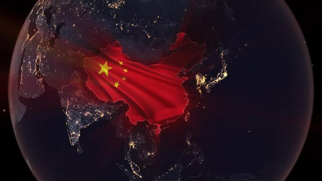 Realistic Digital Earth Night Orbit and Zoom Shining Country Flag Embedded in Borders China